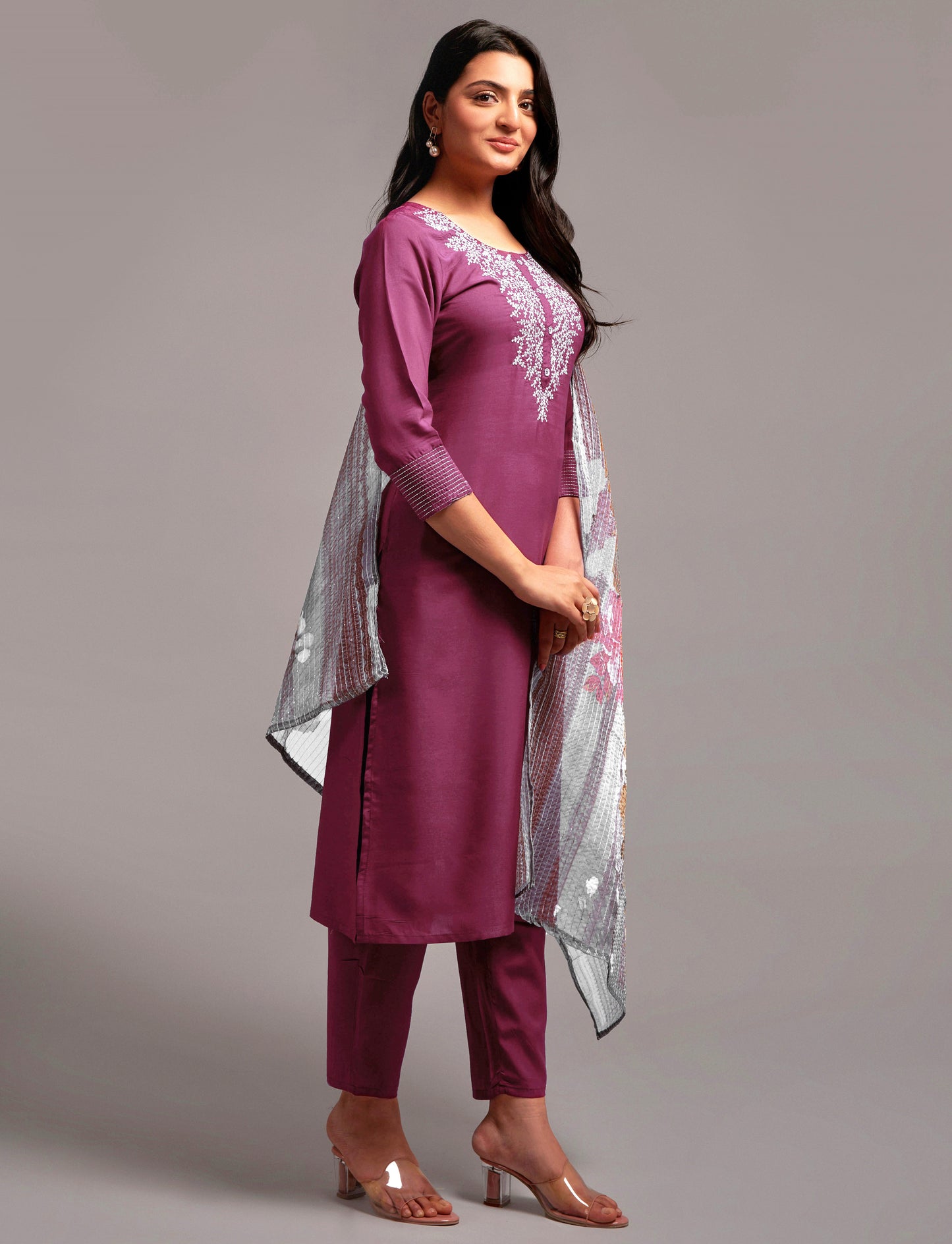 Women’s Wine Silk Blend Kurti Set with Embroidery Work, Matching Bottom & Dupatta – Elegant Ethnic Suit