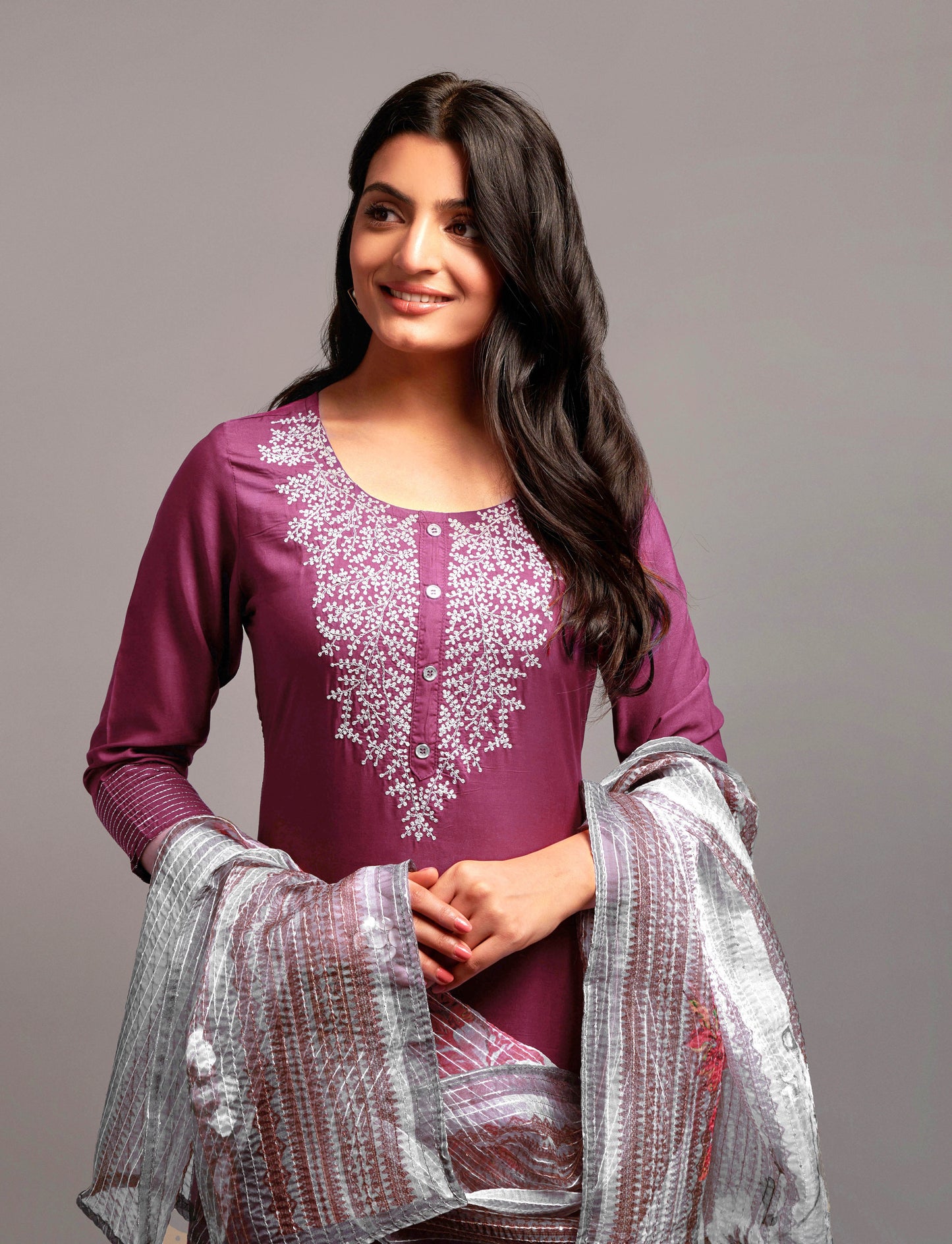 Women’s Wine Silk Blend Kurti Set with Embroidery Work, Matching Bottom & Dupatta – Elegant Ethnic Suit