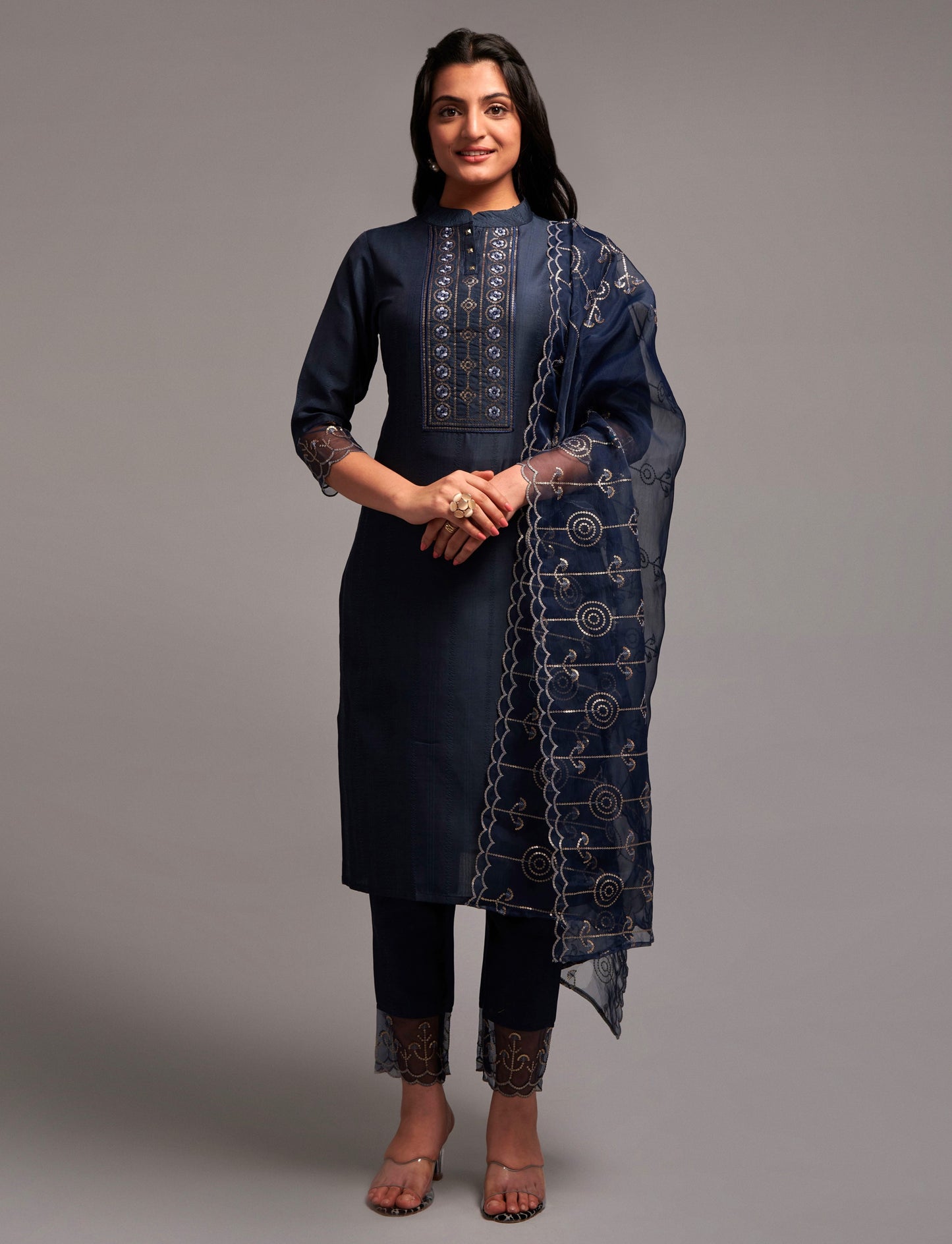 Women’s Navy Blue Chinon Silk Kurti Set with Sequins Embroidery, Stitched Bottom & Dupatta – Party Wear Ethnic Outfit