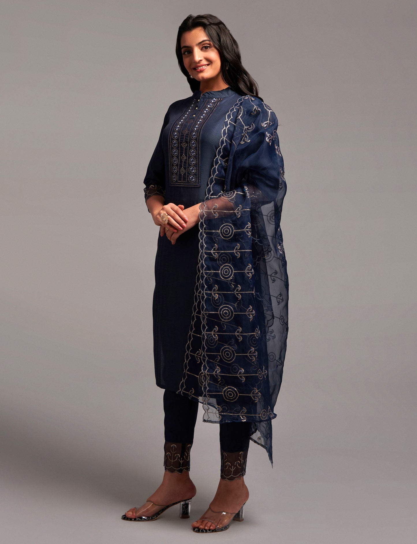 Women’s Navy Blue Chinon Silk Kurti Set with Sequins Embroidery, Stitched Bottom & Dupatta – Party Wear Ethnic Outfit