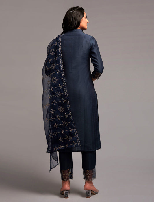 Women’s Navy Blue Chinon Silk Kurti Set with Sequins Embroidery, Stitched Bottom & Dupatta – Party Wear Ethnic Outfit