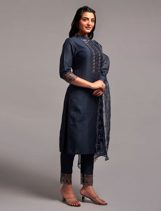 Women’s Navy Blue Chinon Silk Kurti Set with Sequins Embroidery, Stitched Bottom & Dupatta – Party Wear Ethnic Outfit