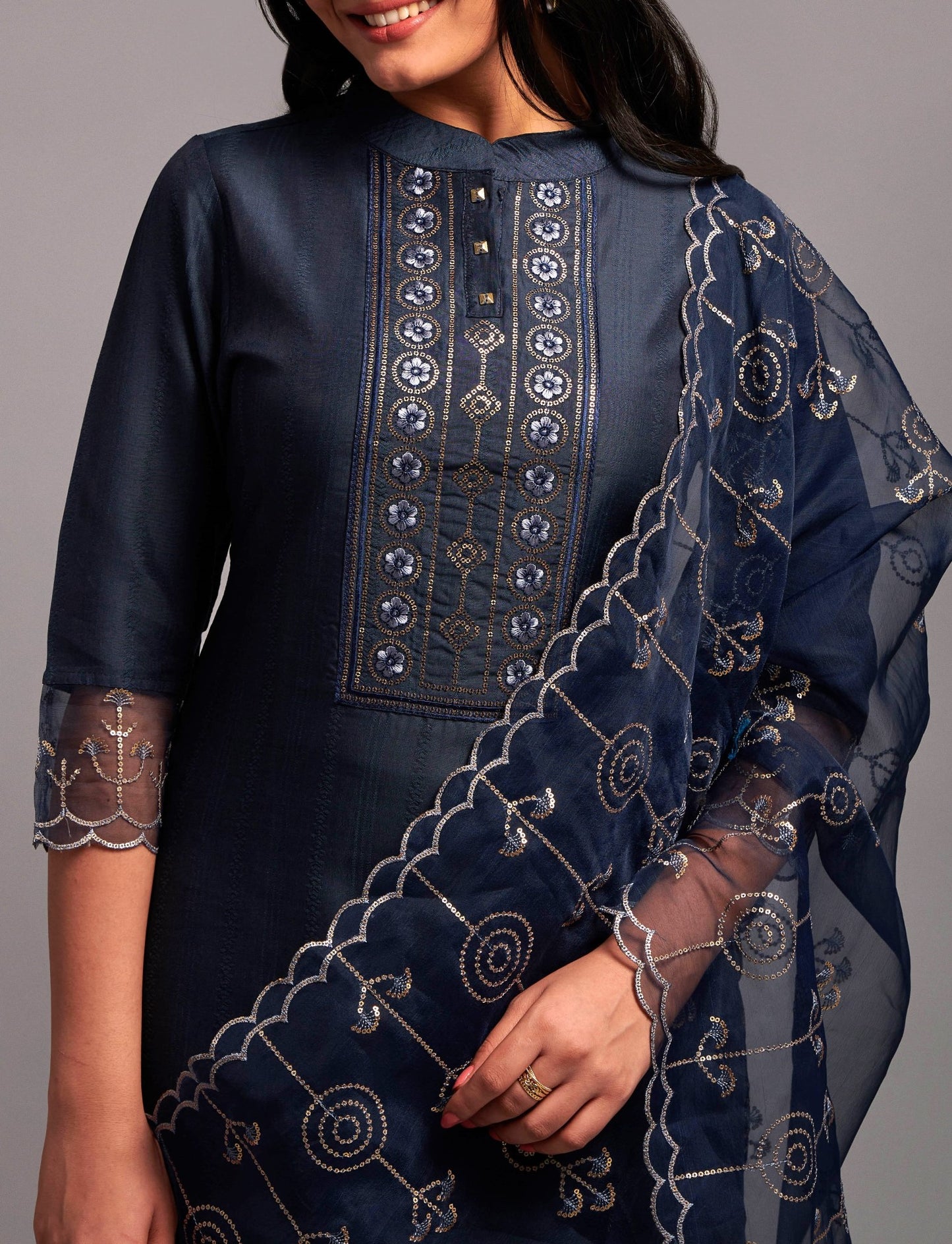 Women’s Navy Blue Chinon Silk Kurti Set with Sequins Embroidery, Stitched Bottom & Dupatta – Party Wear Ethnic Outfit