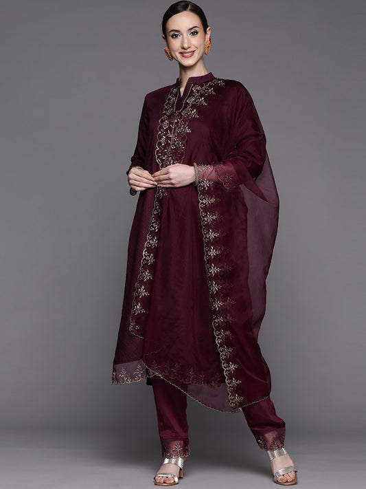 Women’s Wine Rayon Kurti Set with Embroidery Work, Matching Bottom & Pink Dupatta – Festive Ethnic Suit