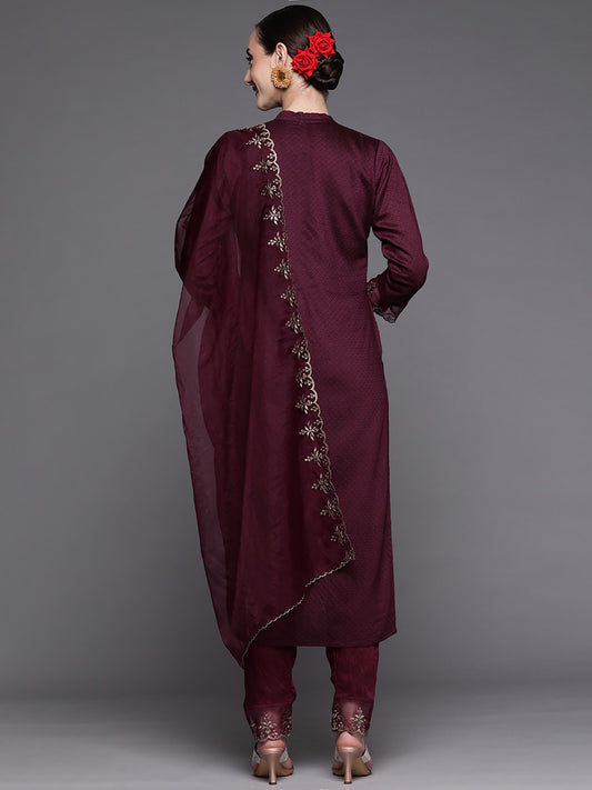 Women’s Wine Rayon Kurti Set with Embroidery Work, Matching Bottom & Pink Dupatta – Festive Ethnic Suit