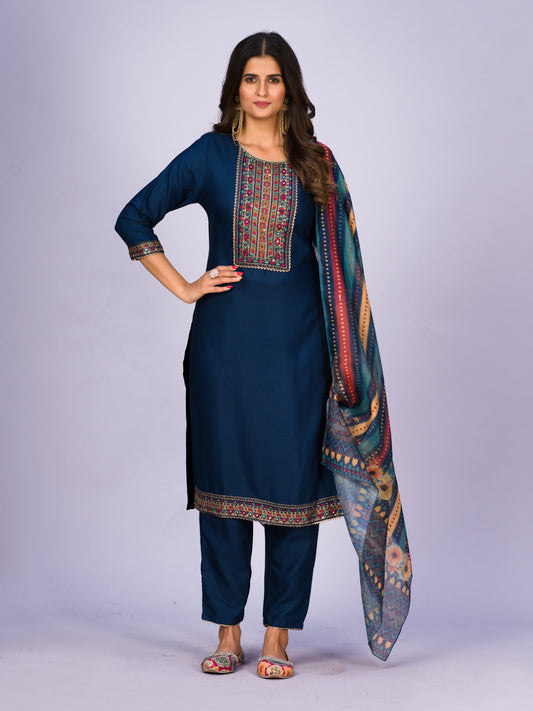 Blue Women’s Rayon Kurti Set with Sequins Embroidery Work, Stitched Bottom & Dupatta – Party & Festive Wear