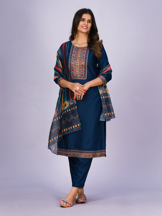 Blue Women’s Rayon Kurti Set with Sequins Embroidery Work, Stitched Bottom & Dupatta – Party & Festive Wear