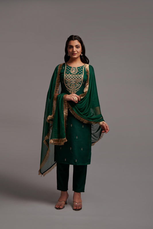 Green Women’s Rayon Kurti Set with Sequins Embroidery Work, Stitched Bottom & Dupatta – Party & Festive Wear