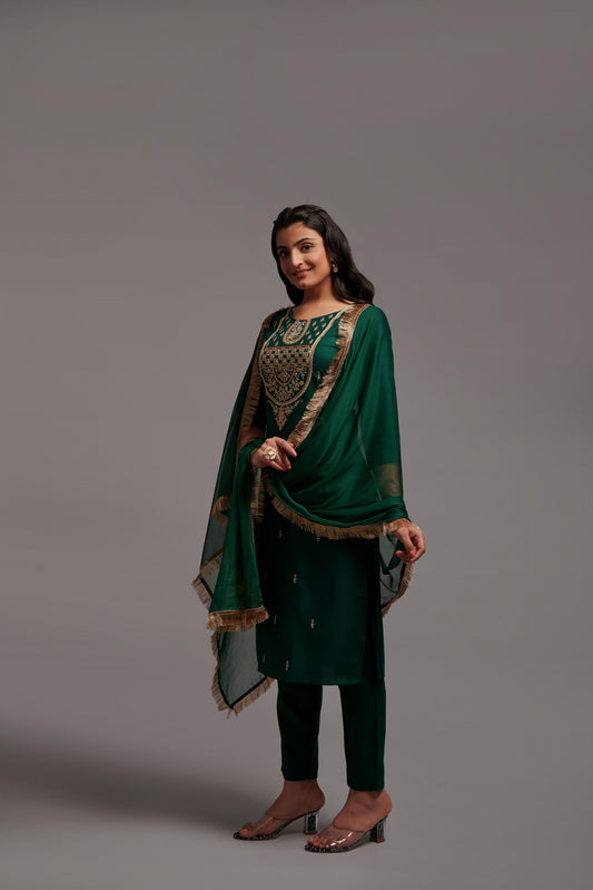 Green Women’s Rayon Kurti Set with Sequins Embroidery Work, Stitched Bottom & Dupatta – Party & Festive Wear