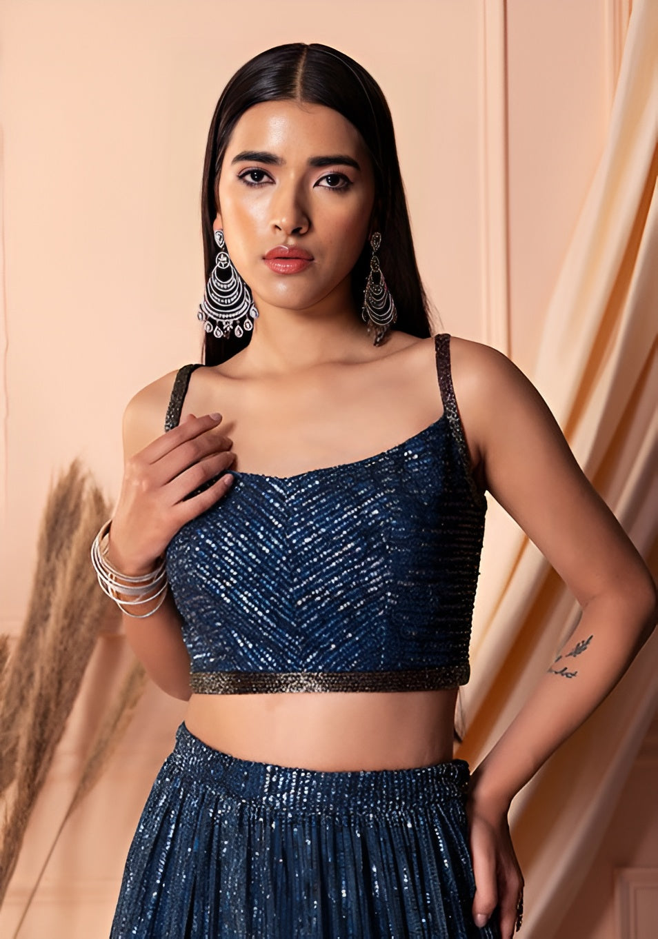 Elegant Navy Blue Soft Net Lehenga Choli with Sequins Work | Soft Net Blouse & Dupatta