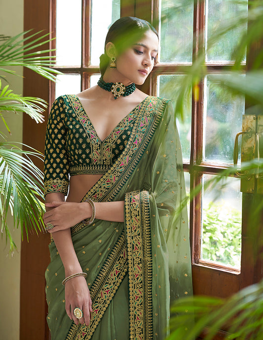 Green Organza Saree with Dori, Sequins & Zari Embroidery Work Paired with Art Silk Blouse – Designer Wedding & Festive Wear