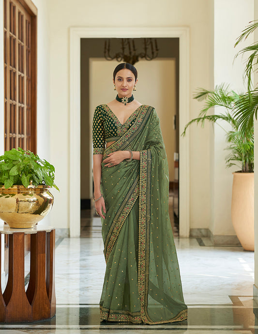 Green Organza Saree with Dori, Sequins & Zari Embroidery Work Paired with Art Silk Blouse – Designer Wedding & Festive Wear