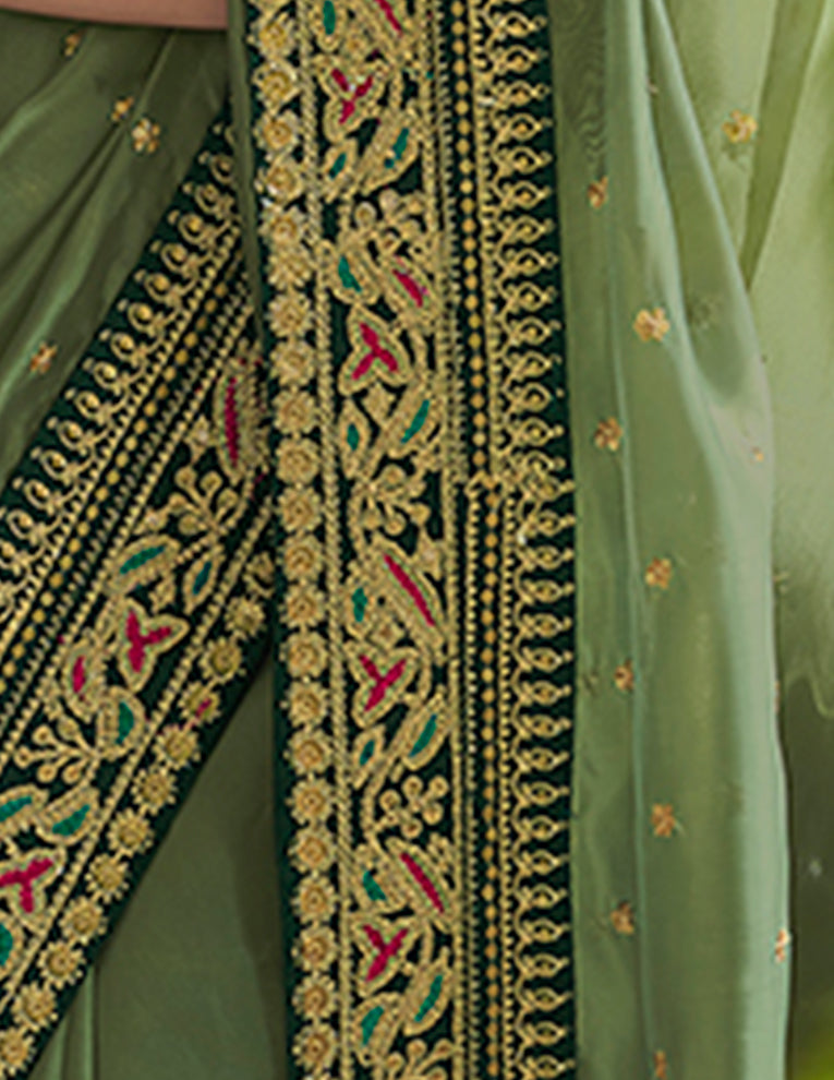 Green Organza Saree with Dori, Sequins & Zari Embroidery Work Paired with Art Silk Blouse – Designer Wedding & Festive Wear