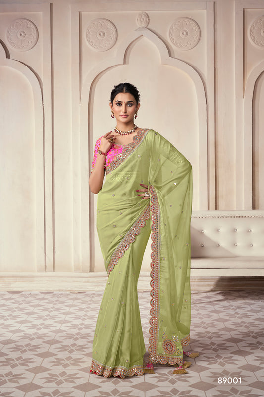 Pista Green Organza Saree with Thread, Sequins & Zari Work Paired with Art Silk Blouse – Elegant Wedding & Party Wear