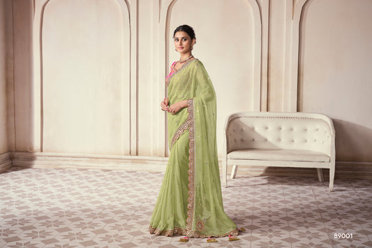 Pista Green Organza Saree with Thread, Sequins & Zari Work Paired with Art Silk Blouse – Elegant Wedding & Party Wear