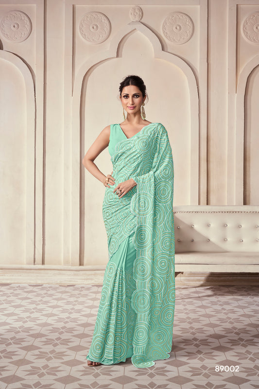 Mint Green Georgette Saree with Thread & Sequins Embroidery Work – Elegant Party Wear Saree