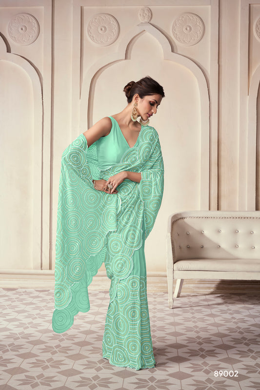 Mint Green Georgette Saree with Thread & Sequins Embroidery Work – Elegant Party Wear Saree