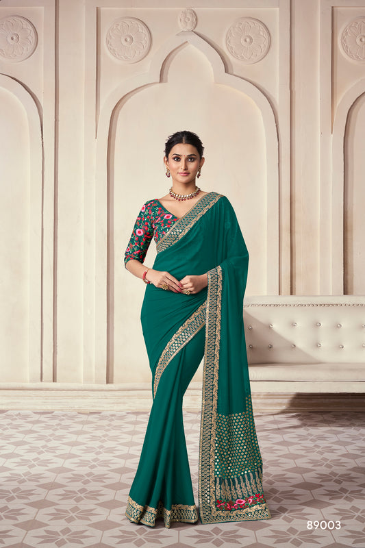 Green Organza Saree with Thread, Sequins & Zari Work Paired with Art Silk Blouse – Elegant Wedding & Party Wear