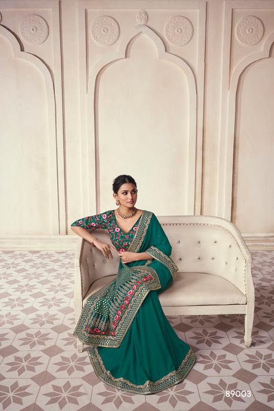 Green Organza Saree with Thread, Sequins & Zari Work Paired with Art Silk Blouse – Elegant Wedding & Party Wear