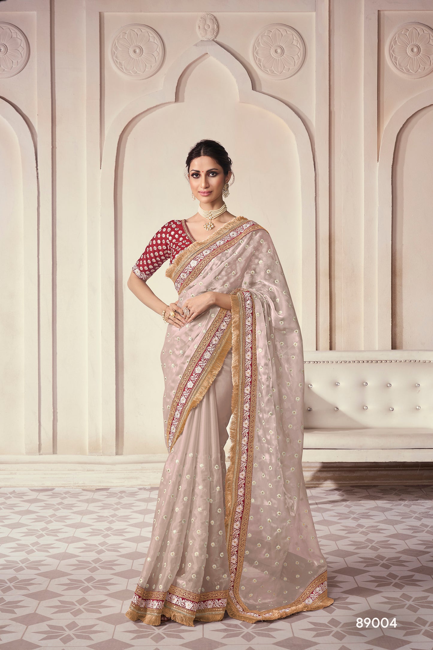 Beige Organza Saree with Thread, Sequins & Zari Work Paired with Art Silk Blouse – Elegant Wedding & Party Wear