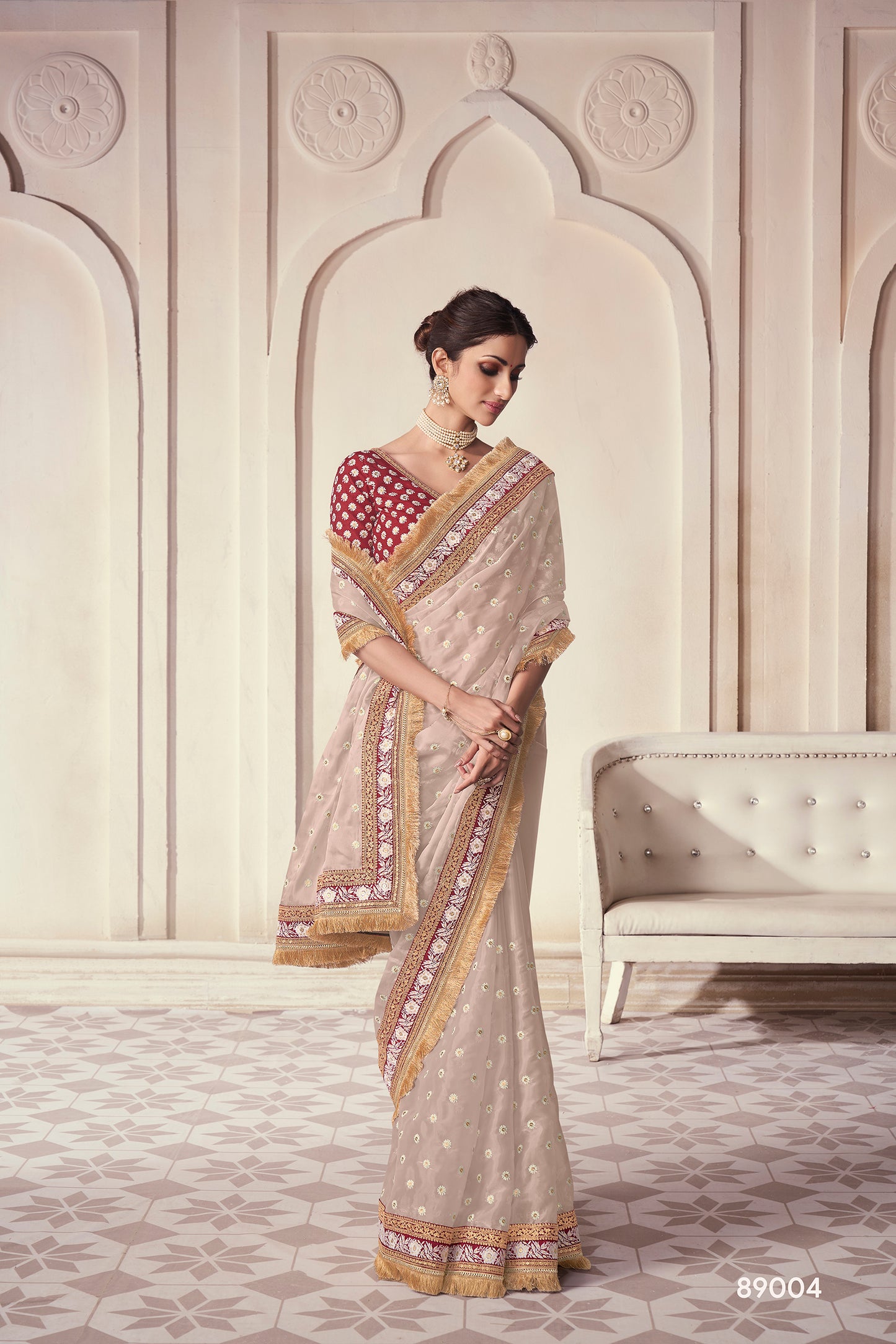 Beige Organza Saree with Thread, Sequins & Zari Work Paired with Art Silk Blouse – Elegant Wedding & Party Wear