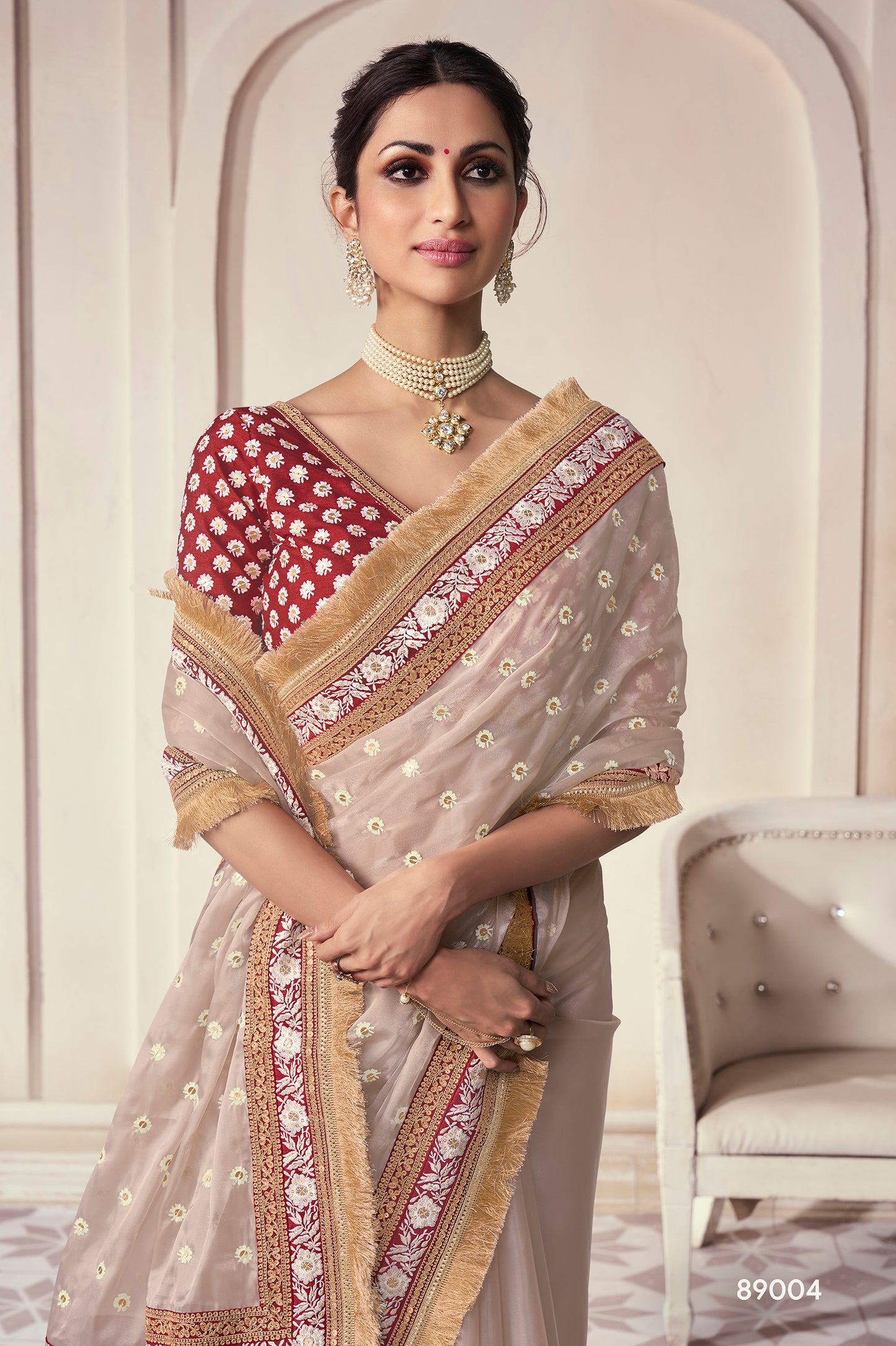 Beige Organza Saree with Thread, Sequins & Zari Work Paired with Art Silk Blouse – Elegant Wedding & Party Wear