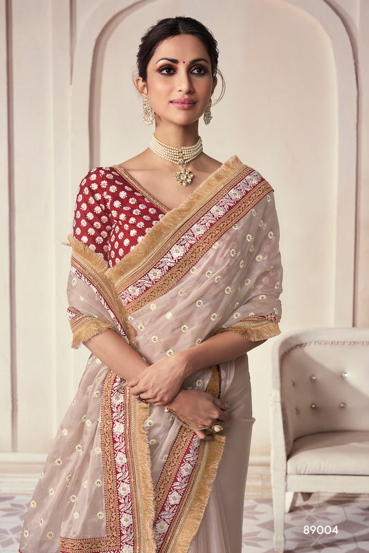 Beige Organza Saree with Thread, Sequins & Zari Work Paired with Art Silk Blouse – Elegant Wedding & Party Wear