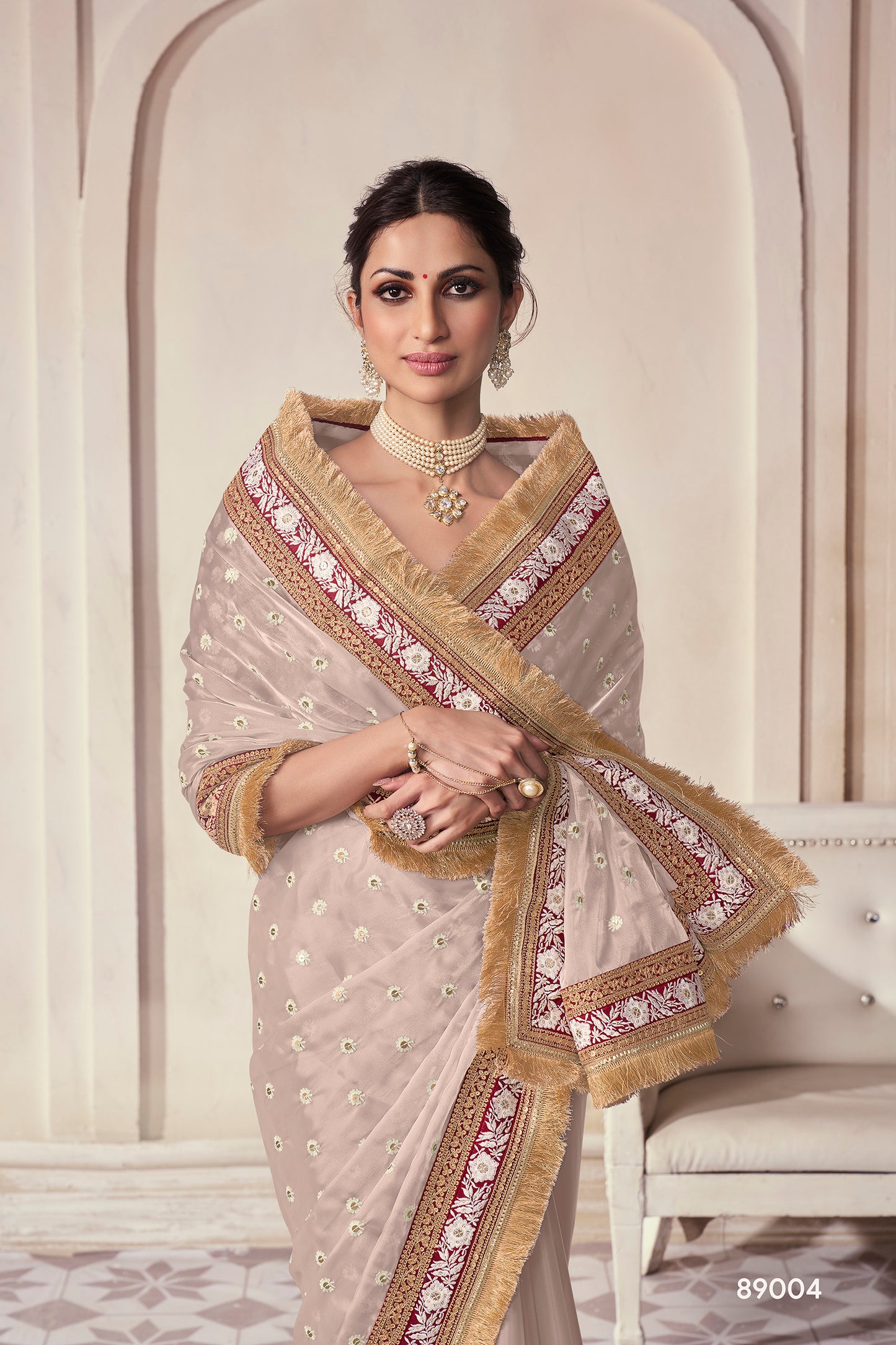 Beige Organza Saree with Thread, Sequins & Zari Work Paired with Art Silk Blouse – Elegant Wedding & Party Wear