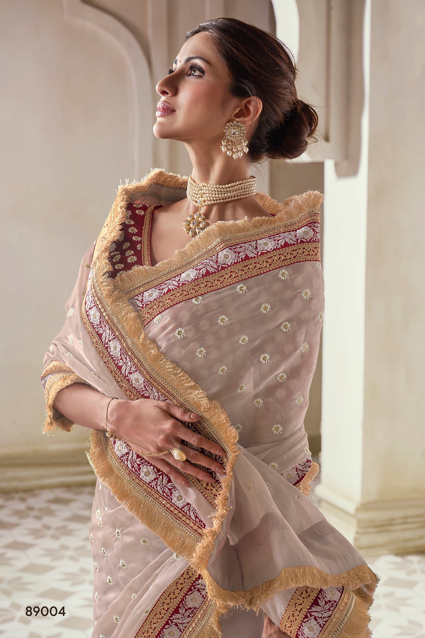 Beige Organza Saree with Thread, Sequins & Zari Work Paired with Art Silk Blouse – Elegant Wedding & Party Wear