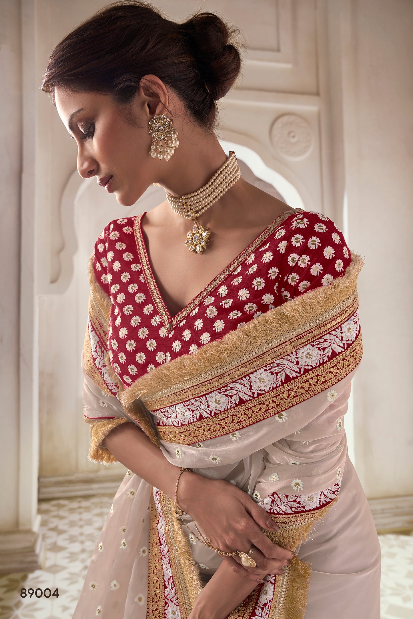 Beige Organza Saree with Thread, Sequins & Zari Work Paired with Art Silk Blouse – Elegant Wedding & Party Wear