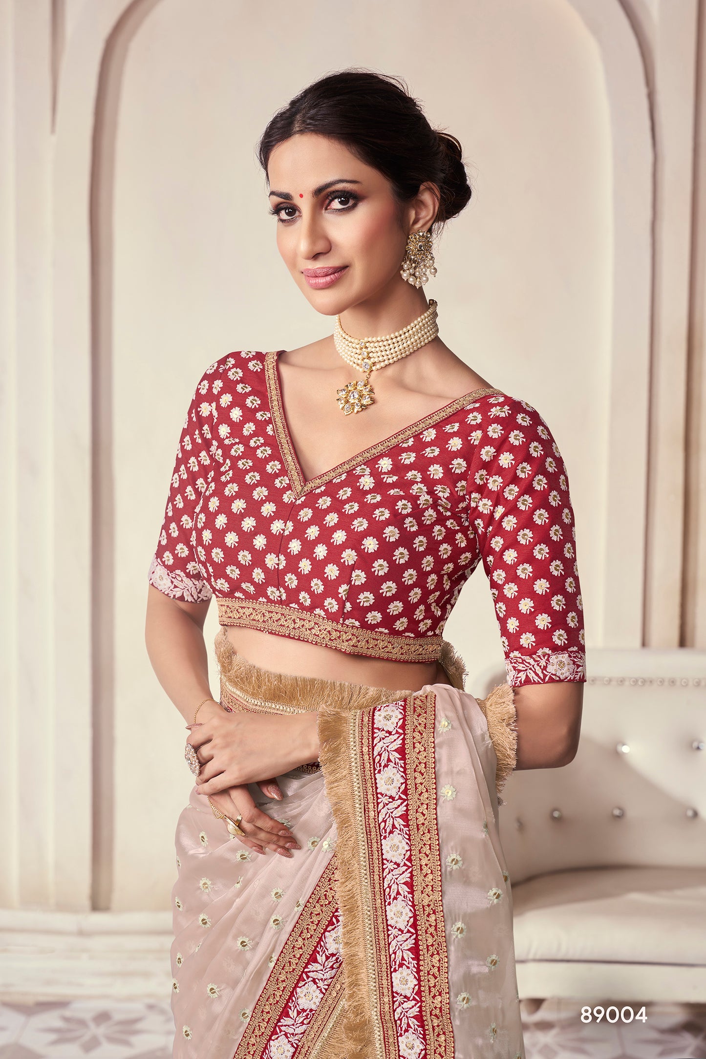 Beige Organza Saree with Thread, Sequins & Zari Work Paired with Art Silk Blouse – Elegant Wedding & Party Wear