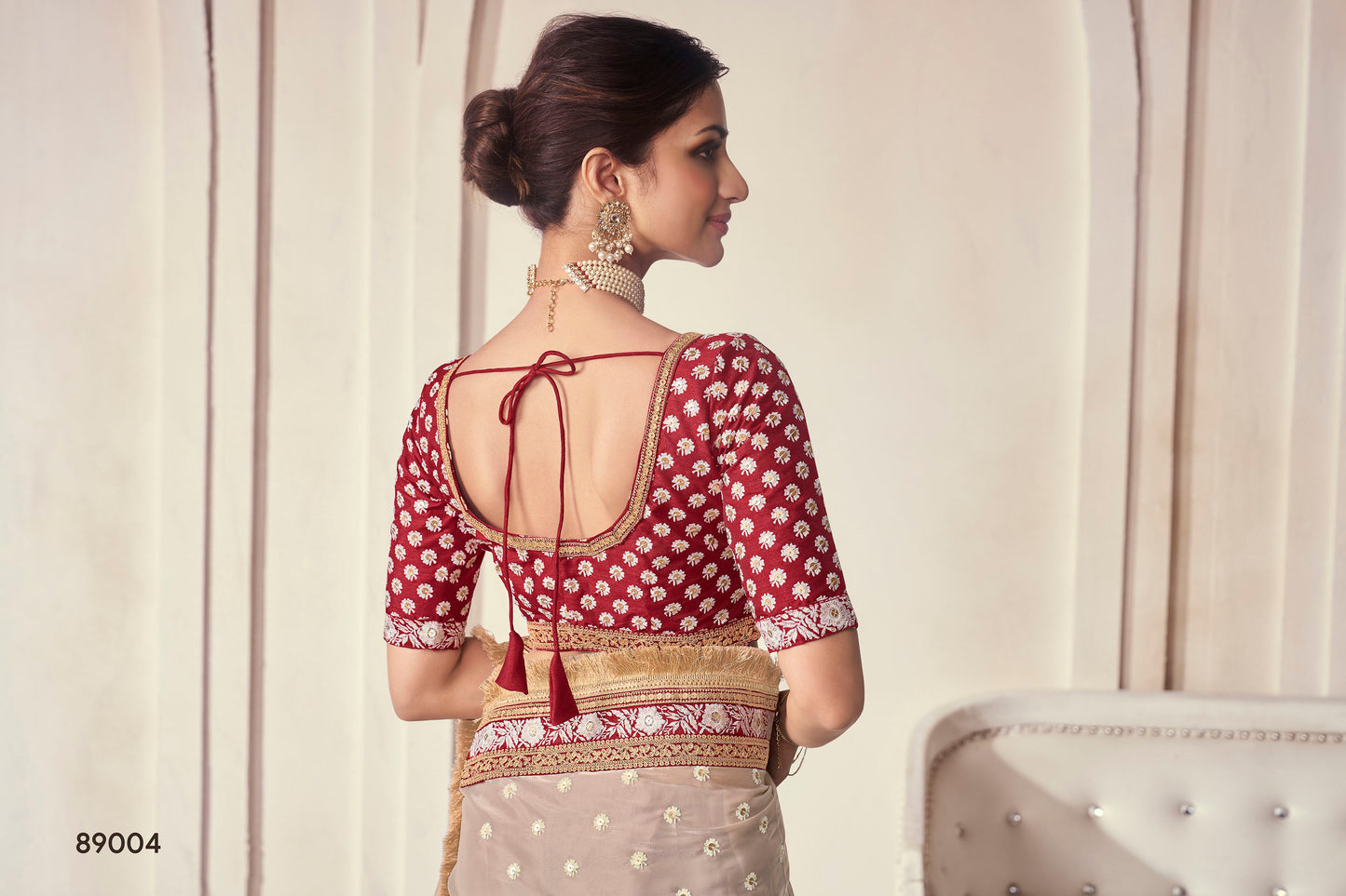 Beige Organza Saree with Thread, Sequins & Zari Work Paired with Art Silk Blouse – Elegant Wedding & Party Wear