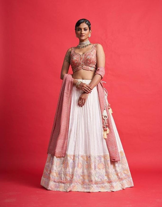 White Designer Georgette Lehenga Choli with Sequins & Thread Handwork | Art Silk Blouse & Georgette Dupatta
