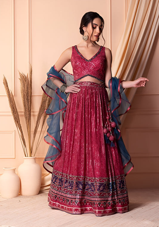 Designer Red Soft Net Lehenga Choli with Sequins & Handwork | Soft Net Blouse & Dupatta