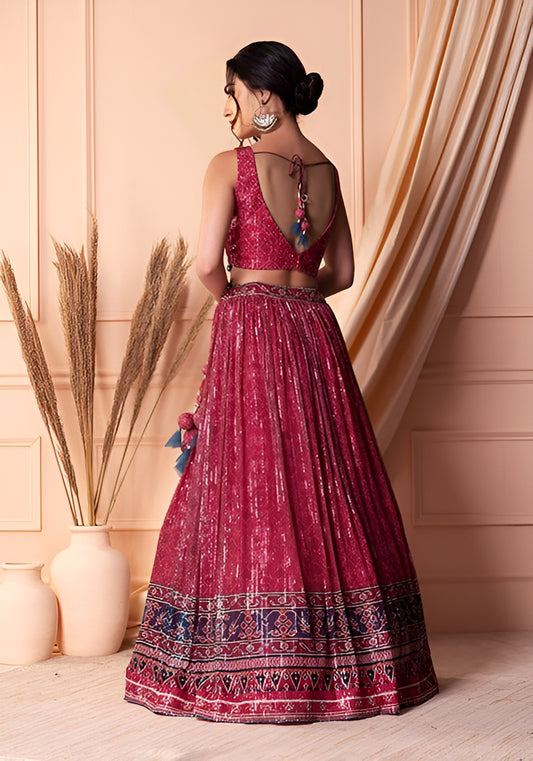 Designer Red Soft Net Lehenga Choli with Sequins & Handwork | Soft Net Blouse & Dupatta