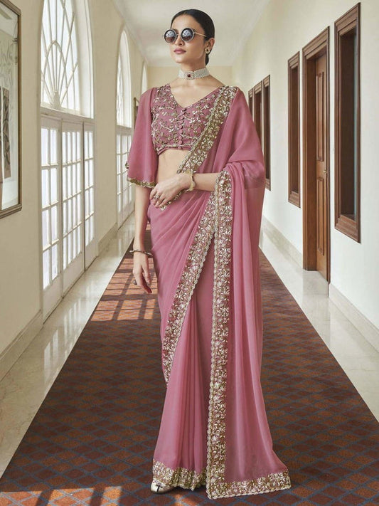 Dusty Rose Georgette Saree with Resham, Beads & Zari Embroidery Work Paired with Georgette Silk Blouse – Designer Party & Wedding Wear