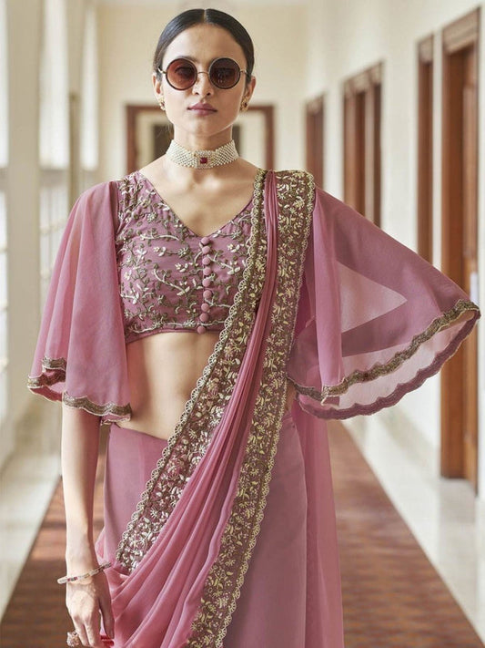 Dusty Rose Georgette Saree with Resham, Beads & Zari Embroidery Work Paired with Georgette Silk Blouse – Designer Party & Wedding Wear