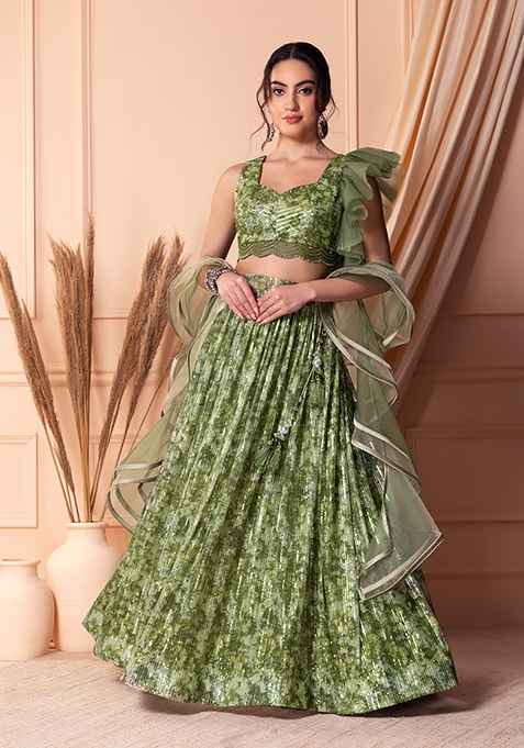 Designer Green Soft Net Lehenga Choli with Sequins & Handwork | Soft Net Blouse & Dupatta
