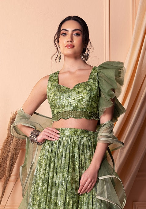 Designer Green Soft Net Lehenga Choli with Sequins & Handwork | Soft Net Blouse & Dupatta